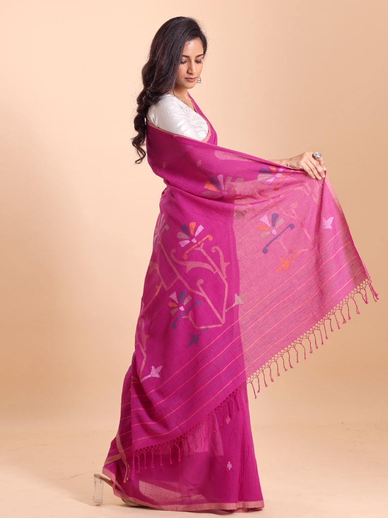 Handloom Malmal Cotton Handwoven Jamdani Saree - Fuchsia