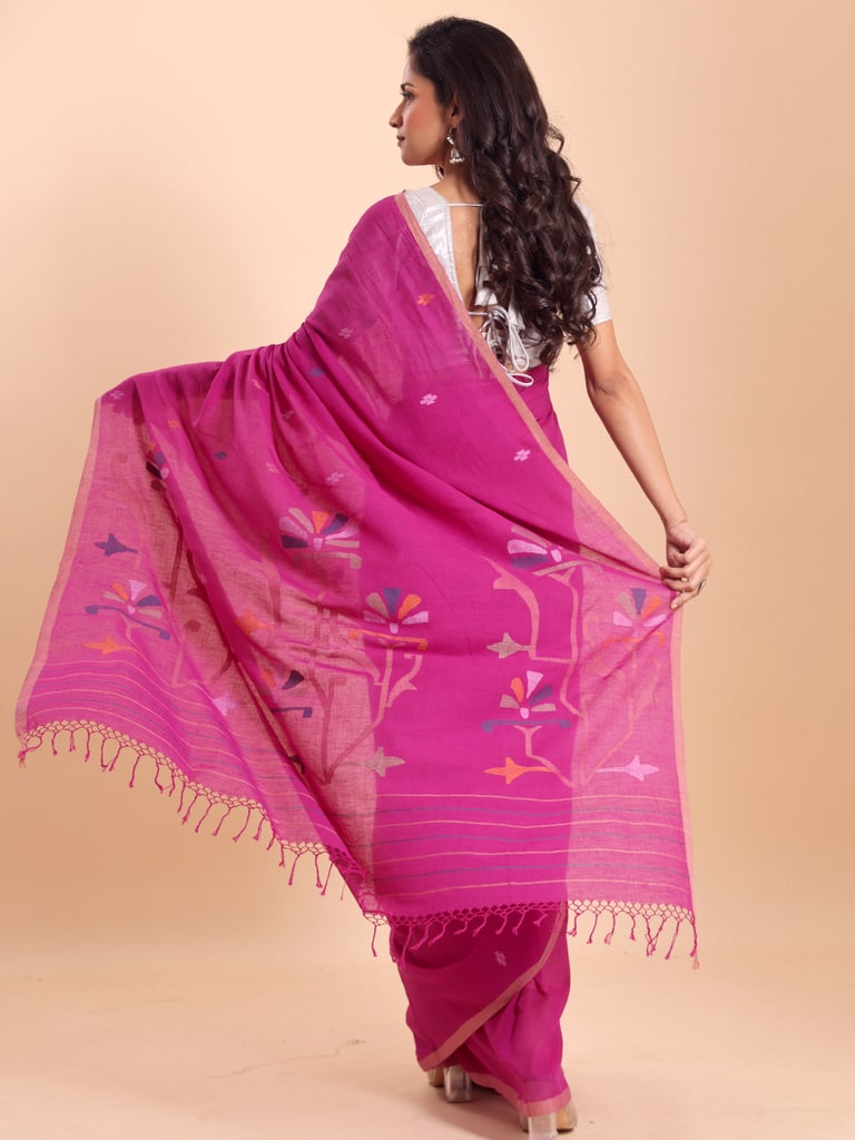Handloom Malmal Cotton Handwoven Jamdani Saree - Fuchsia