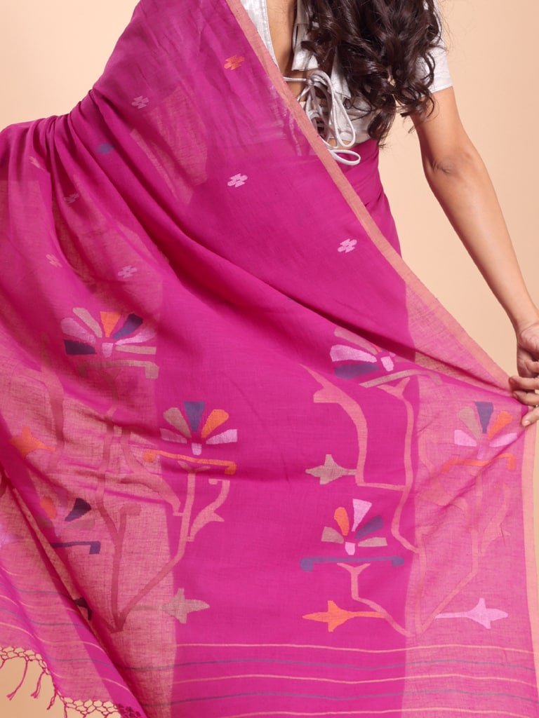 Handloom Malmal Cotton Handwoven Jamdani Saree - Fuchsia