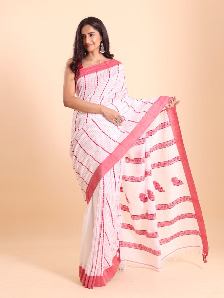 Handloom Fish Chain Jamdani Saree - Off White