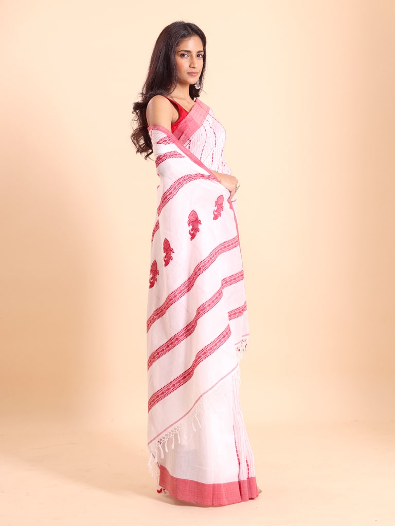 Handloom Fish Chain Jamdani Saree - Off White