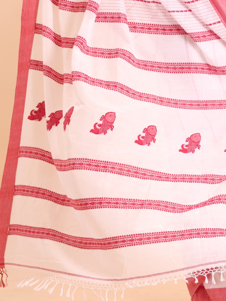 Handloom Fish Chain Jamdani Saree - Off White