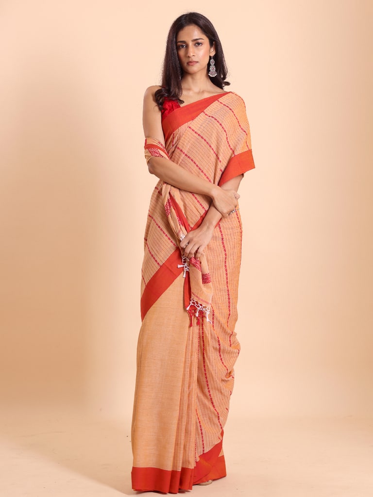 Handloom Fish Chain Jamdani Saree - Peanut