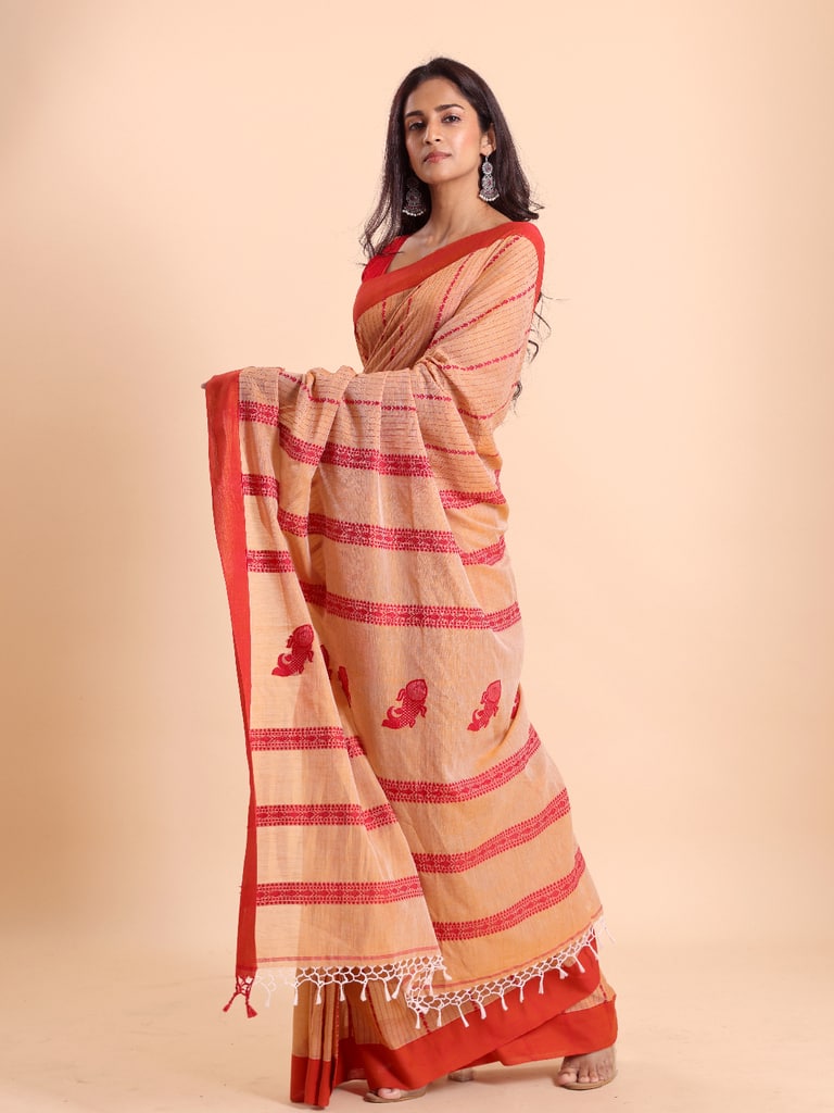 Handloom Fish Chain Jamdani Saree - Peanut