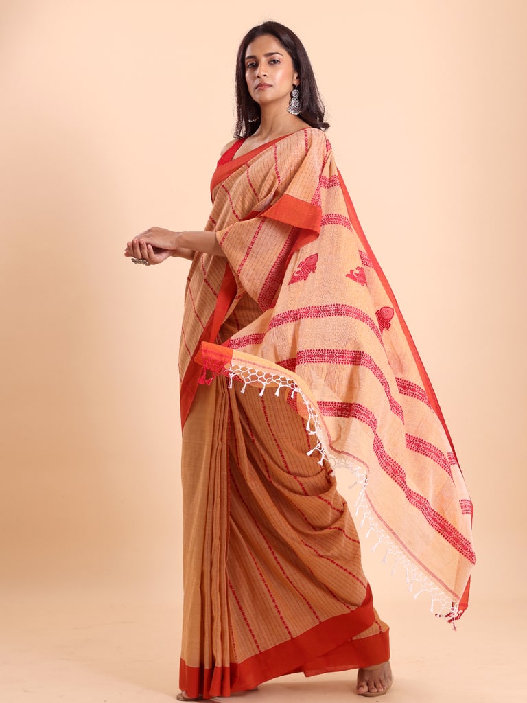 Handloom Fish Chain Jamdani Saree - Peanut