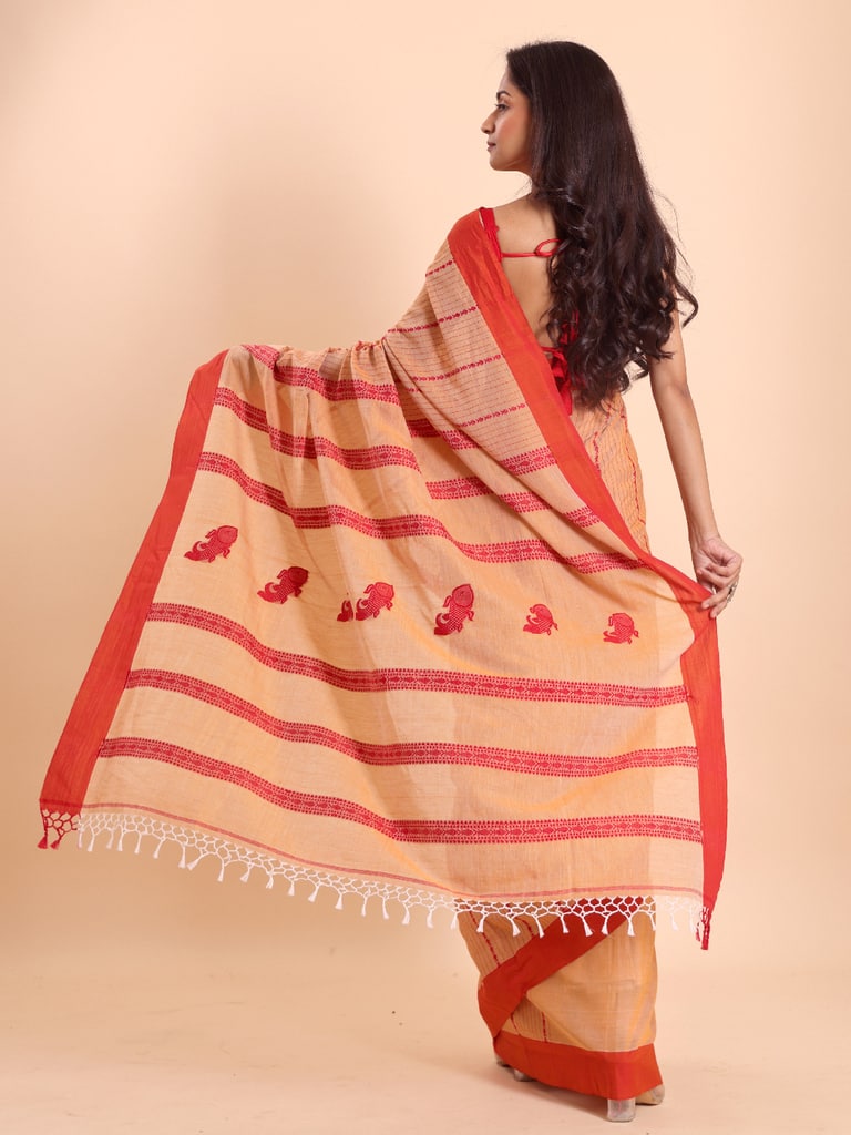Handloom Fish Chain Jamdani Saree - Peanut
