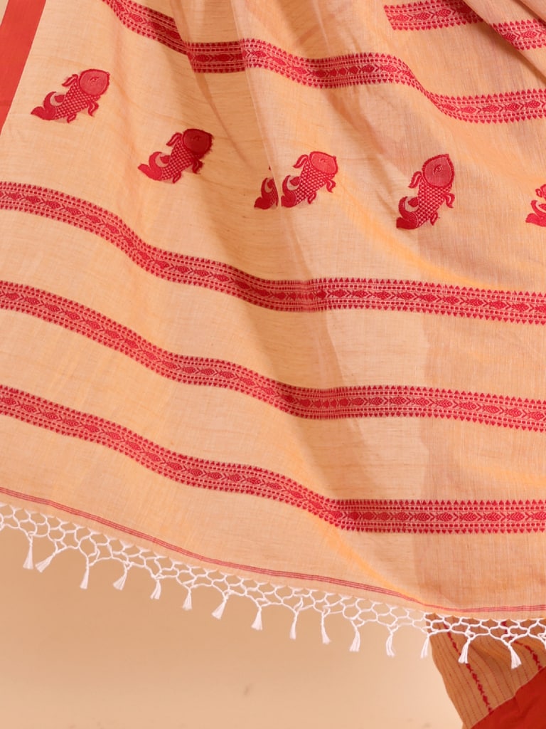 Handloom Fish Chain Jamdani Saree - Peanut