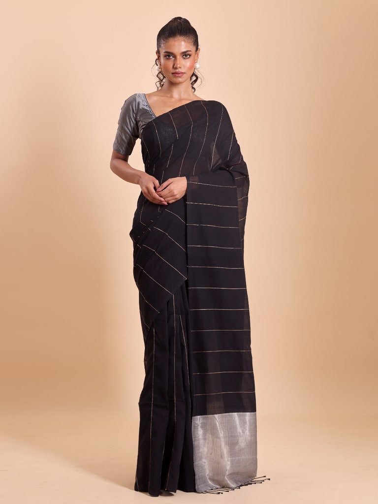 Handloom Ghicha Stripe Saree - Black