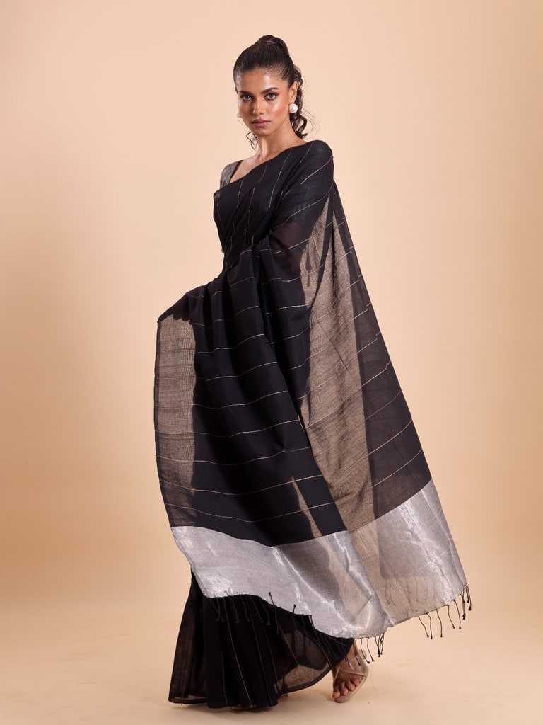 Handloom Ghicha Stripe Saree - Black