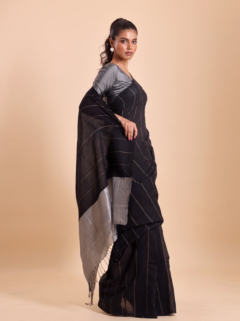 Handloom Ghicha Stripe Saree - Black