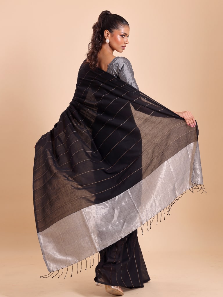 Handloom Ghicha Stripe Saree - Black