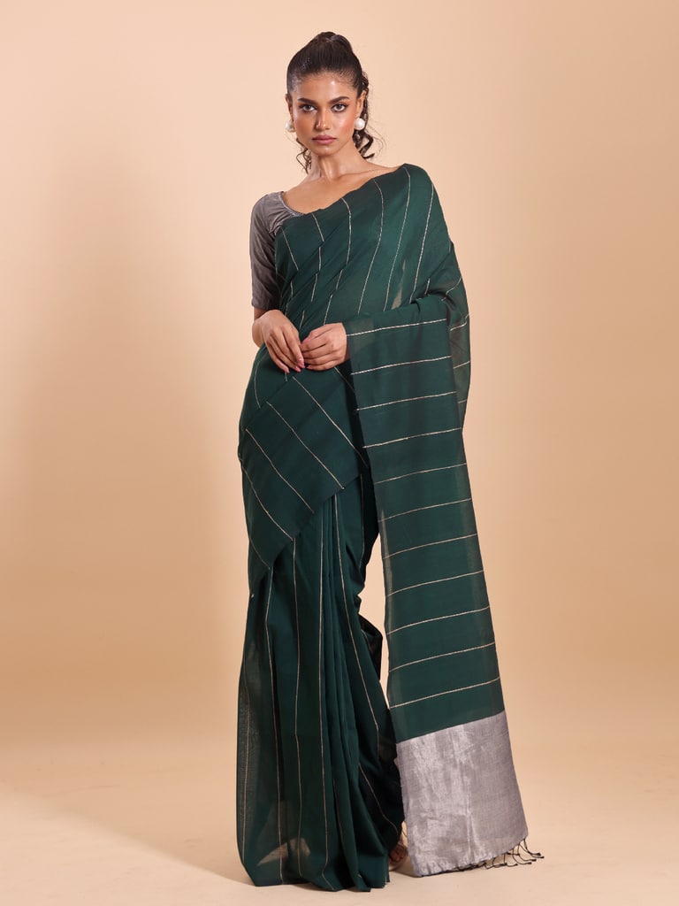 Handloom Ghicha Stripe Saree - Bottle Green