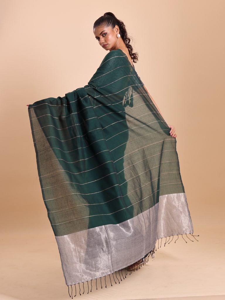 Handloom Ghicha Stripe Saree - Bottle Green