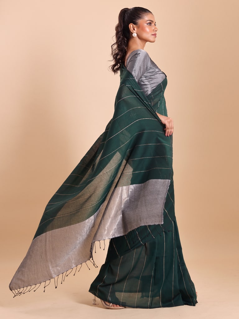 Handloom Ghicha Stripe Saree - Bottle Green