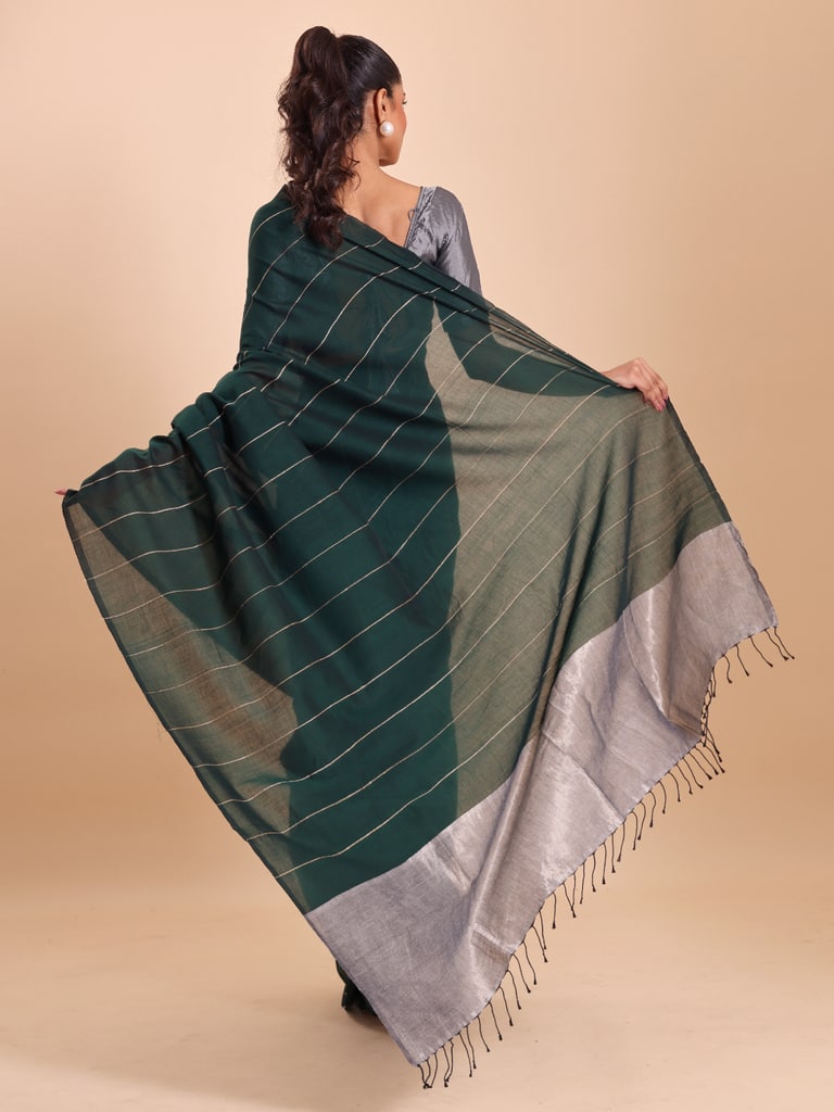 Handloom Ghicha Stripe Saree - Bottle Green