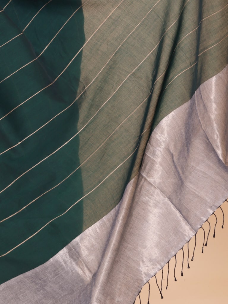 Handloom Ghicha Stripe Saree - Bottle Green