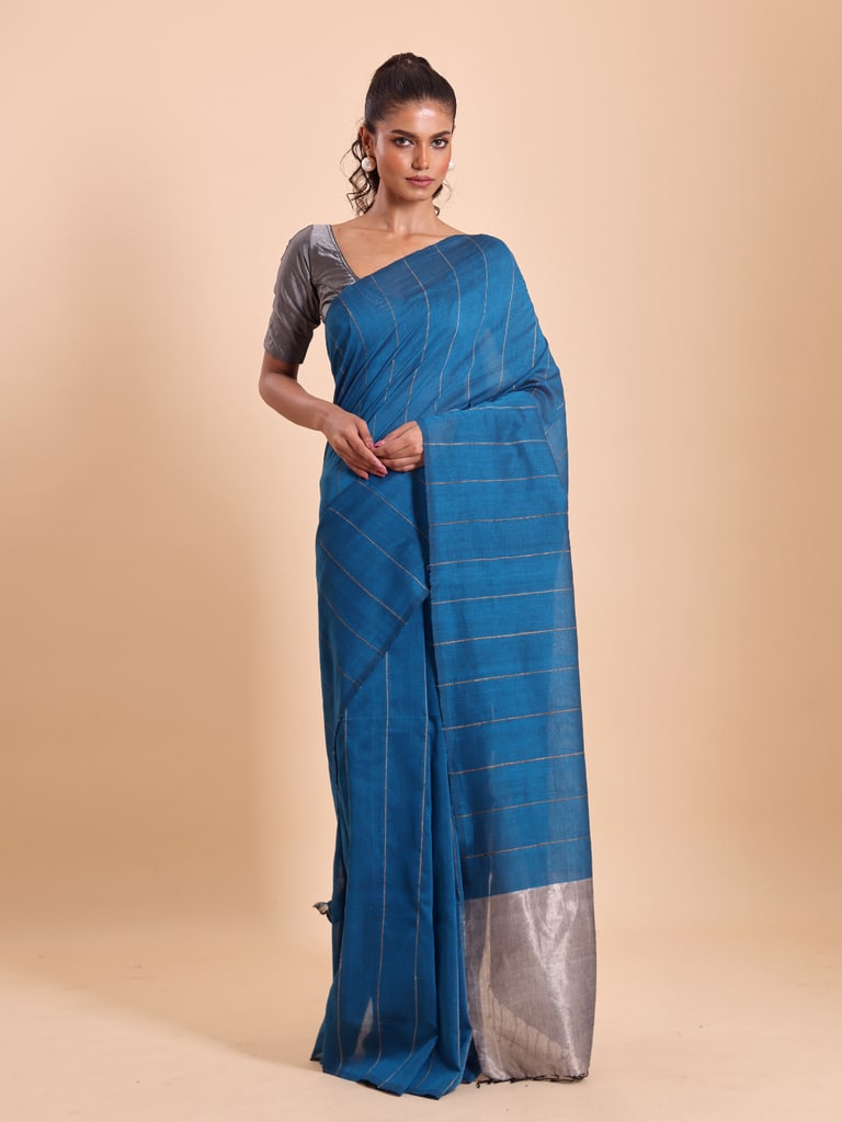 Handloom Ghicha Stripe Saree - Diva Blue