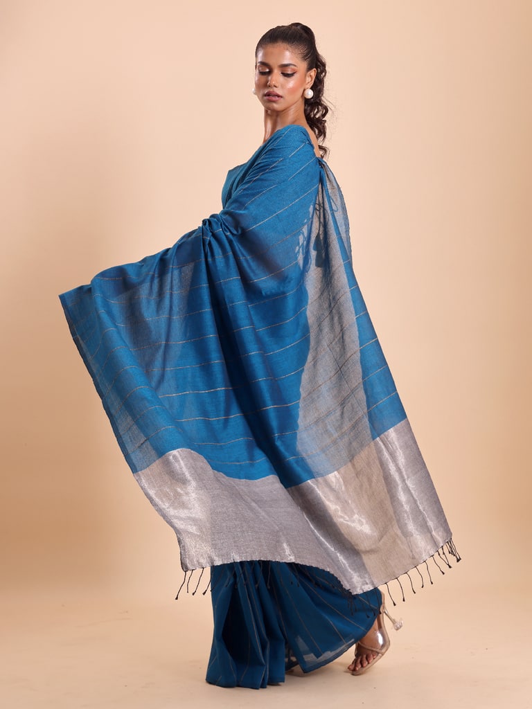 Handloom Ghicha Stripe Saree - Diva Blue