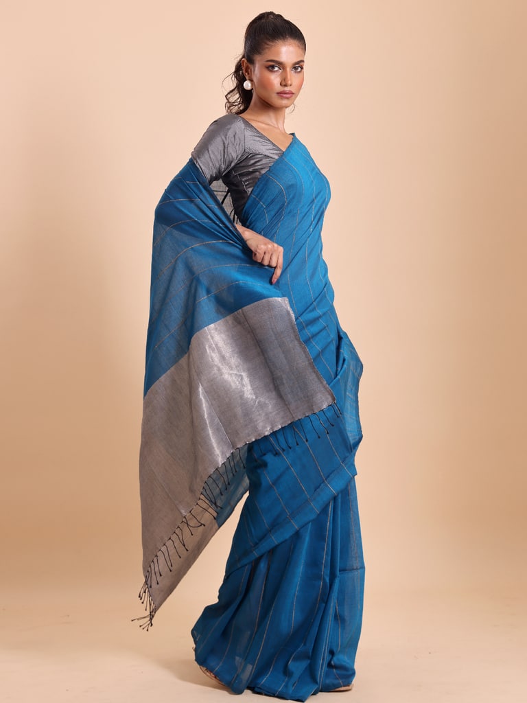 Handloom Ghicha Stripe Saree - Diva Blue