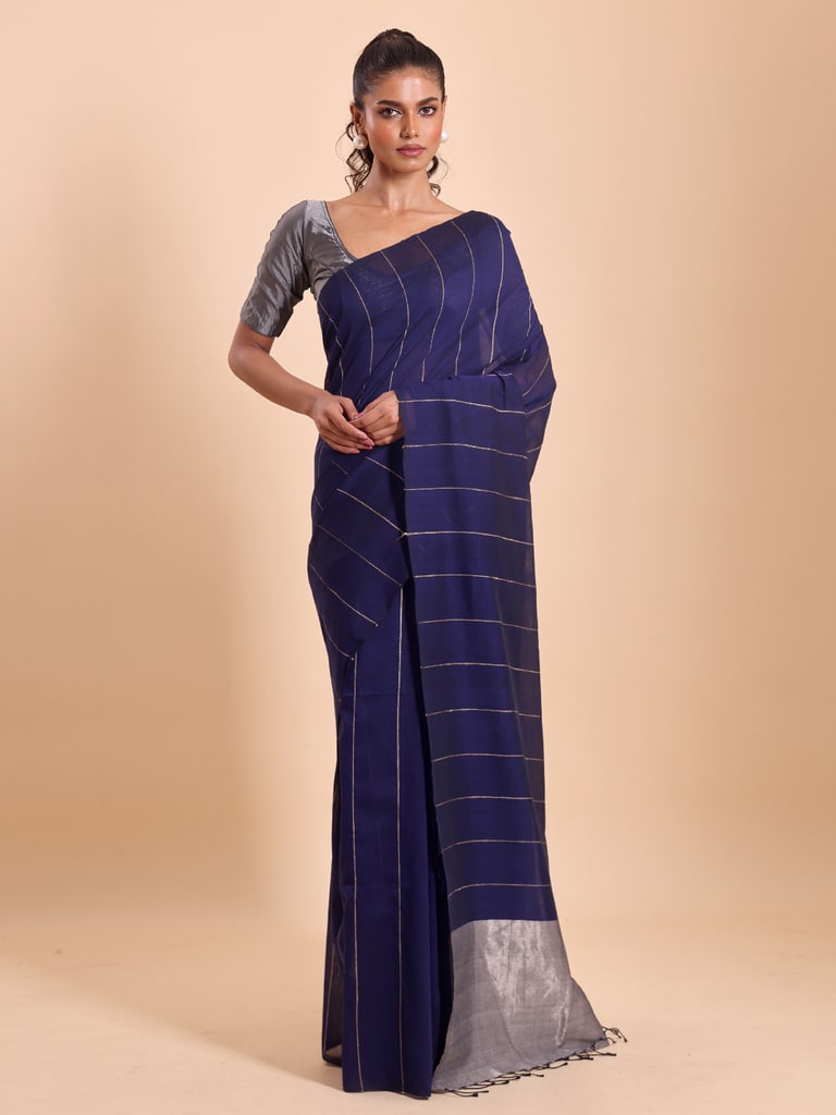 Handloom Ghicha Stripe Saree - Navy