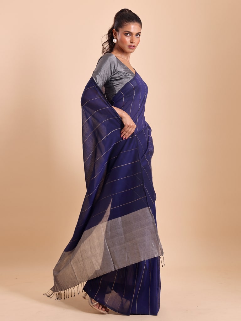 Handloom Ghicha Stripe Saree - Navy