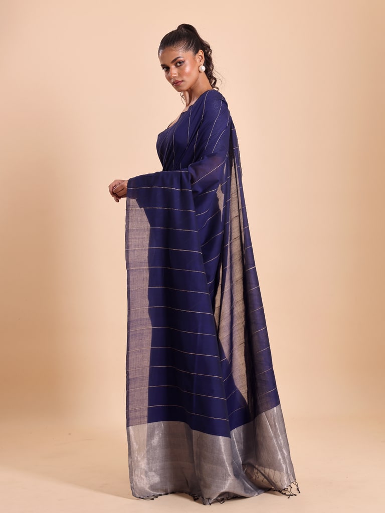 Handloom Ghicha Stripe Saree - Navy
