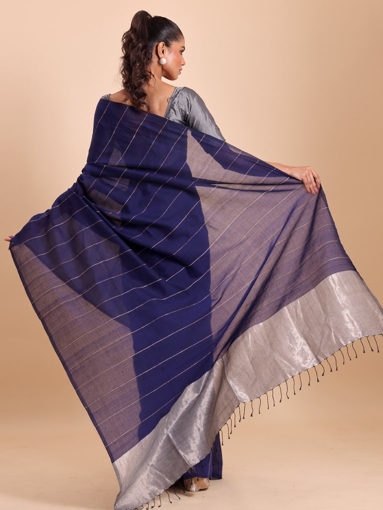 Handloom Ghicha Stripe Saree - Navy