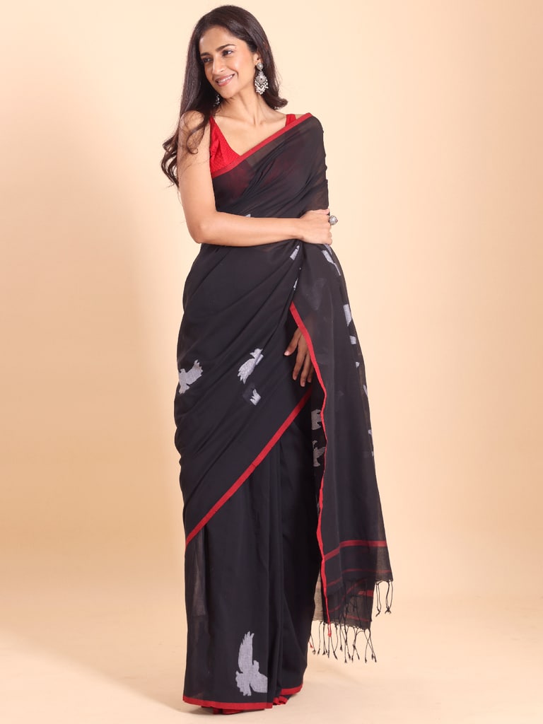 Handloom Cotton Happy Bird Jamdani Saree - Black