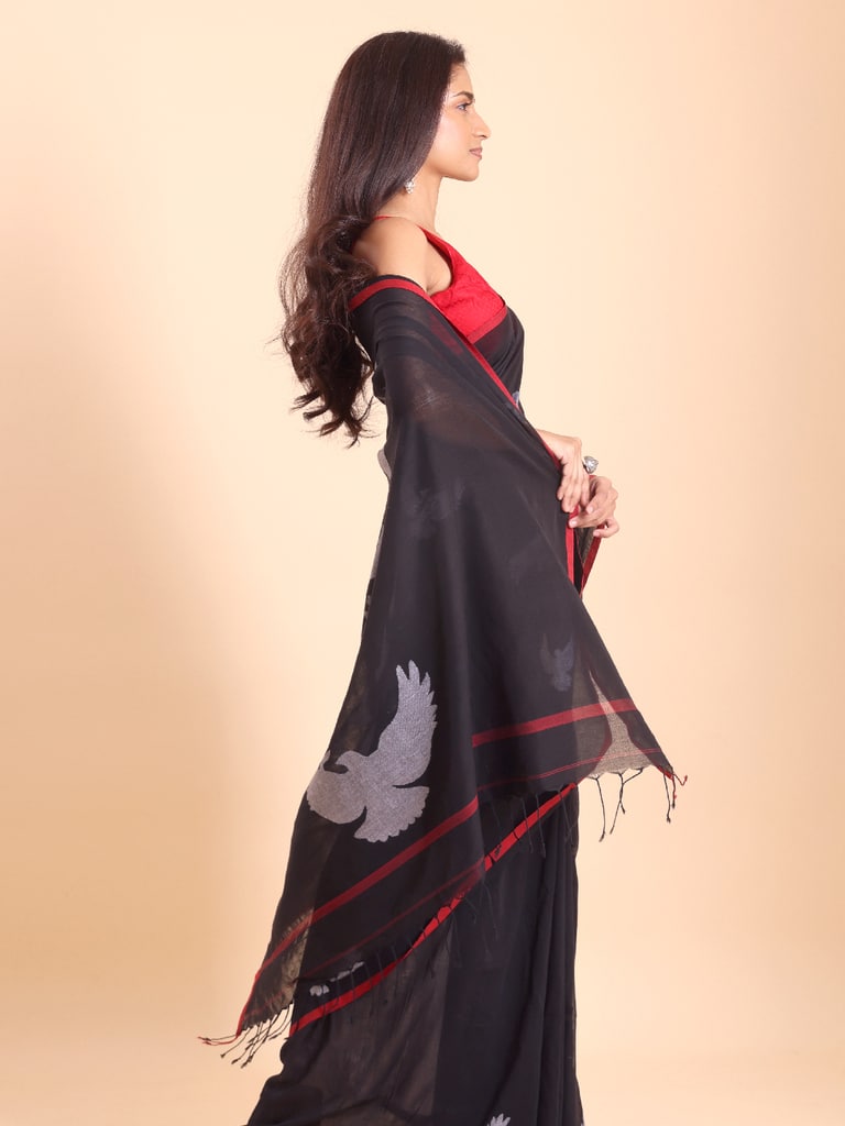 Handloom Cotton Happy Bird Jamdani Saree - Black