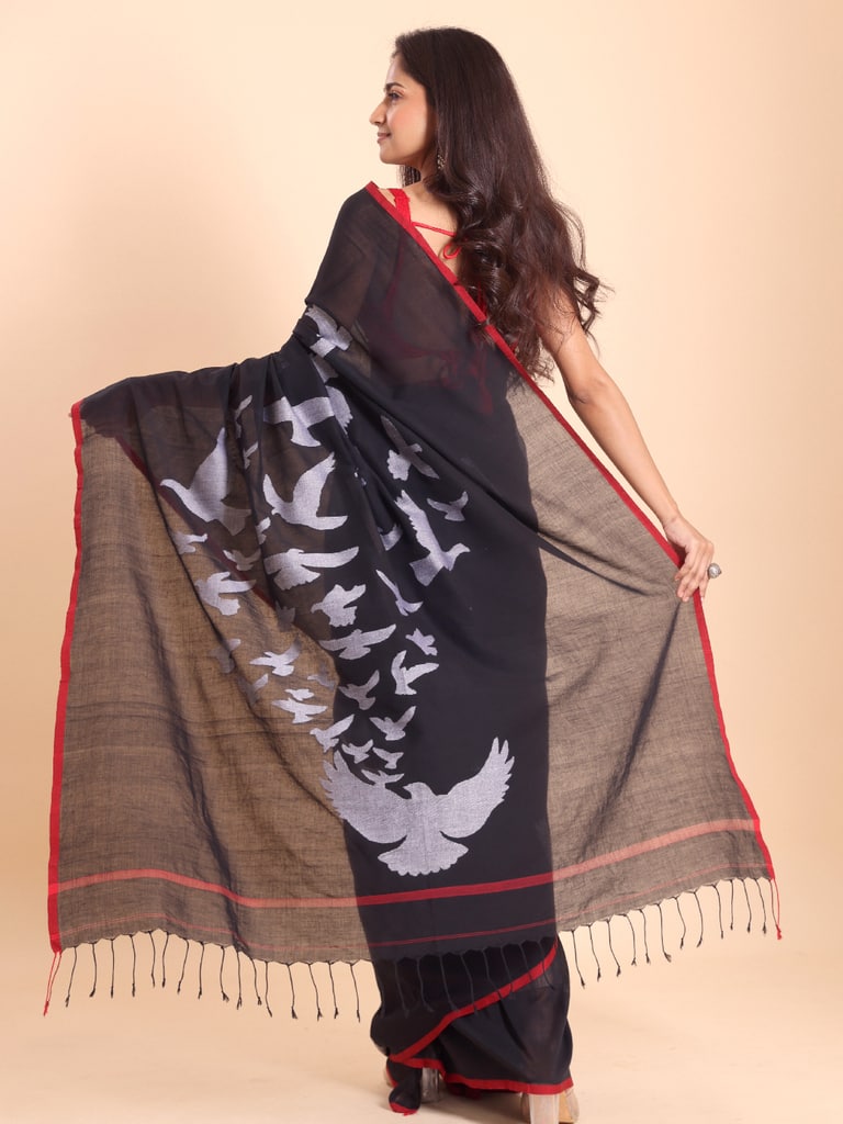 Handloom Cotton Happy Bird Jamdani Saree - Black