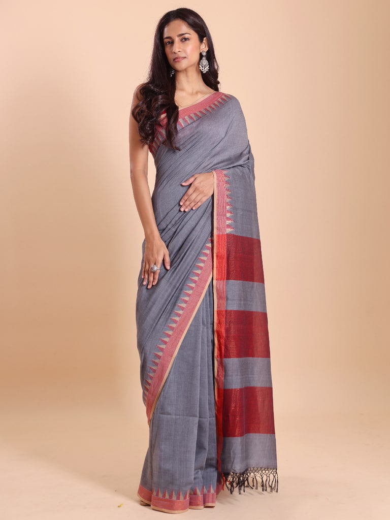 Handloom Cotton Dat Par Saree - Grey