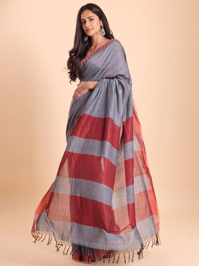 Handloom Cotton Dat Par Saree - Grey