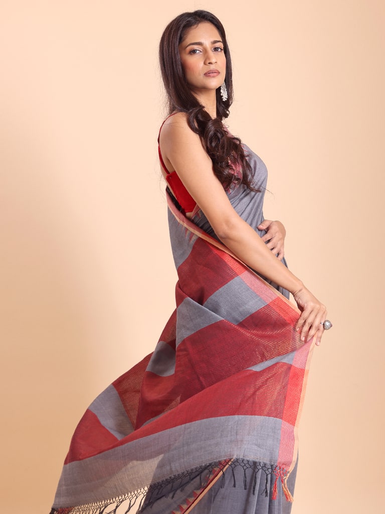 Handloom Cotton Dat Par Saree - Grey