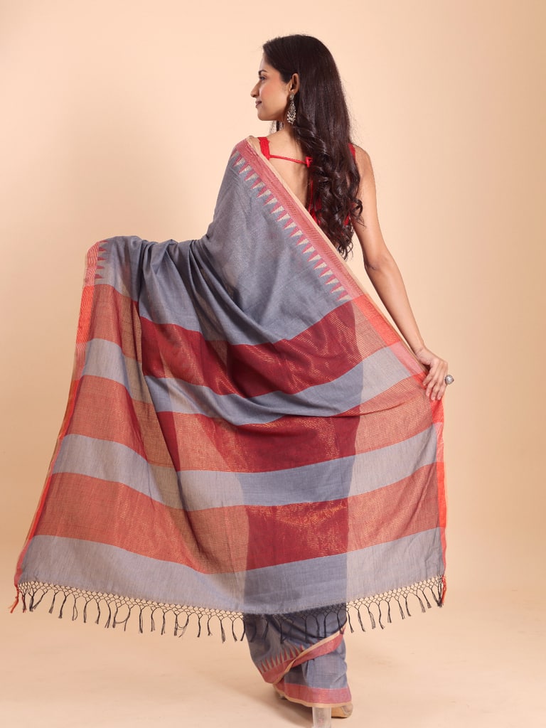 Handloom Cotton Dat Par Saree - Grey
