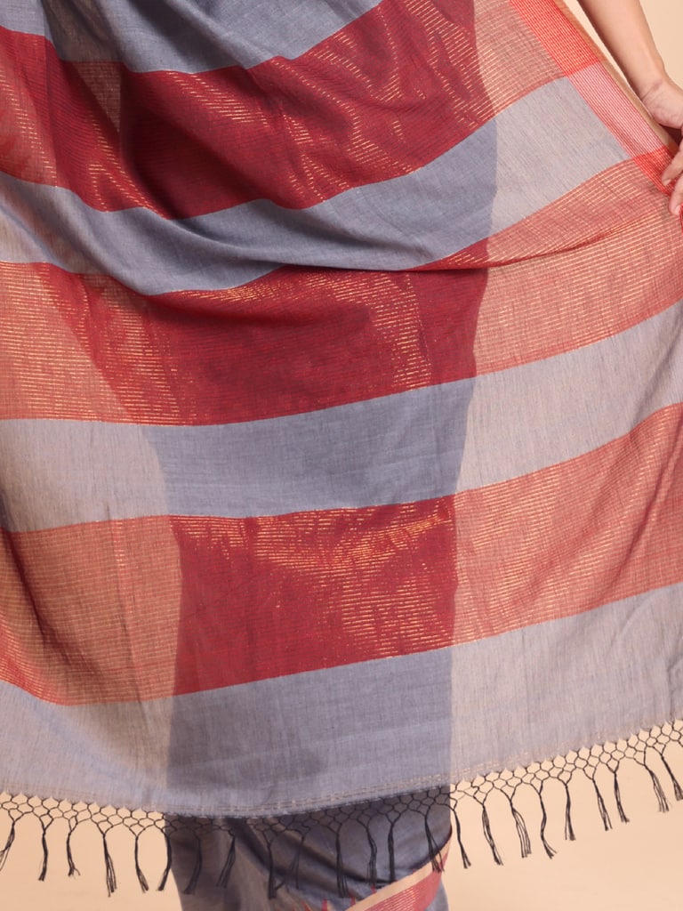 Handloom Cotton Dat Par Saree - Grey