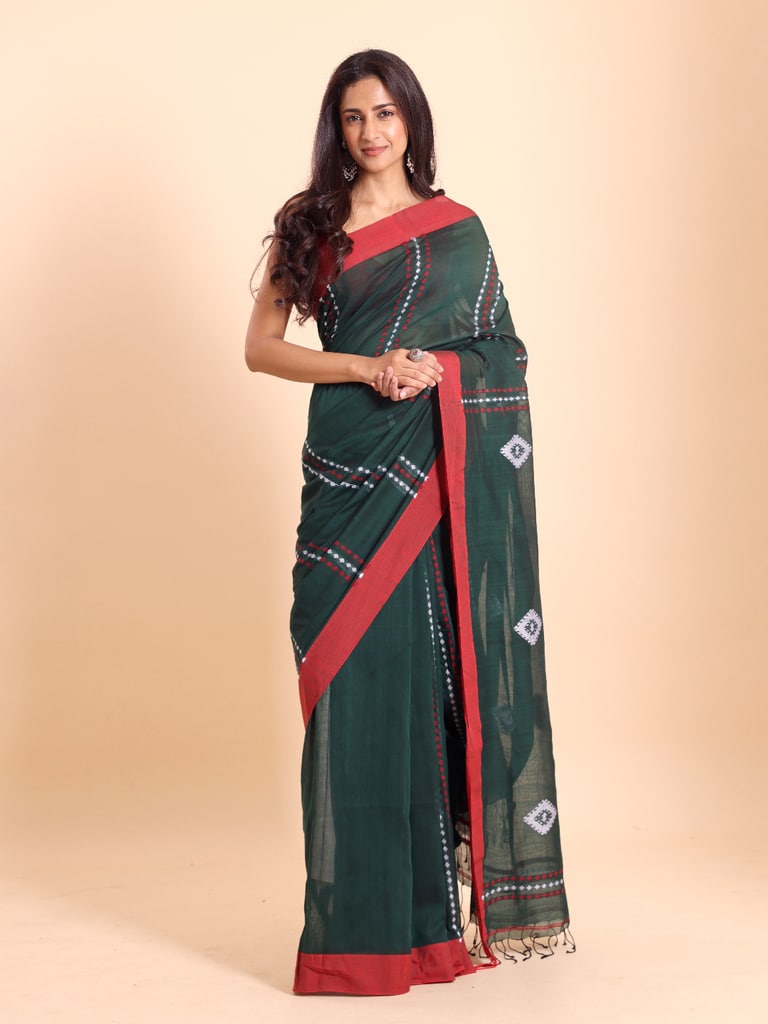 Handloom Chain Daimond Jamdani Saree - Bottle Green