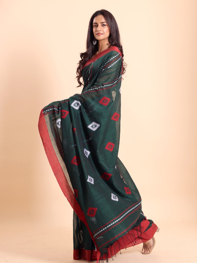 Handloom Chain Daimond Jamdani Saree - Bottle Green