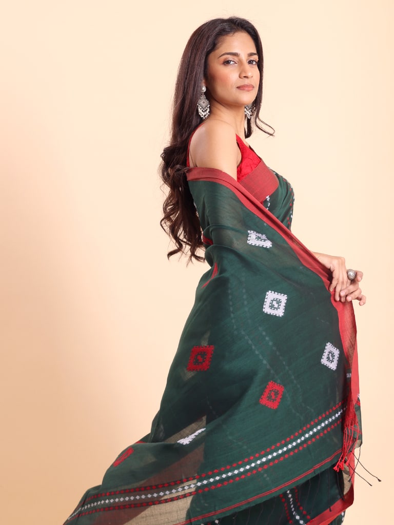 Handloom Chain Daimond Jamdani Saree - Bottle Green