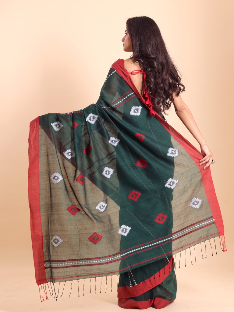 Handloom Chain Daimond Jamdani Saree - Bottle Green