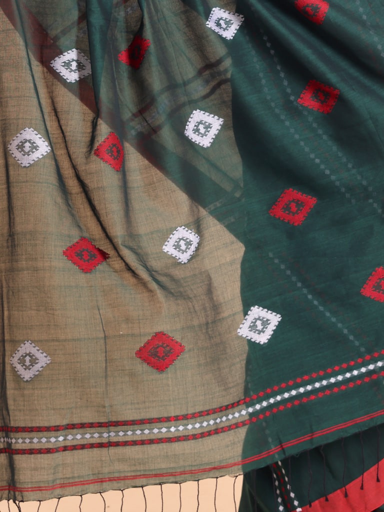 Handloom Chain Daimond Jamdani Saree - Bottle Green