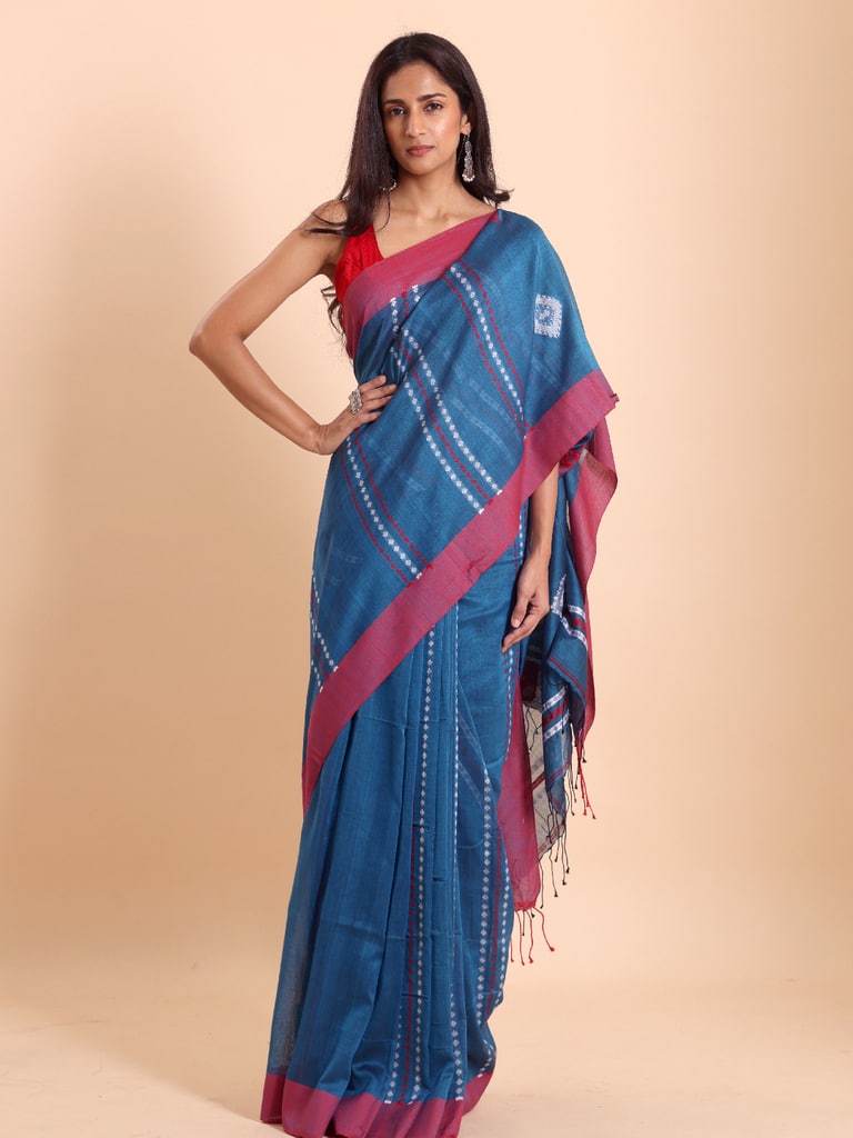 Handloom Chain Daimond Jamdani Saree - Diva Blue