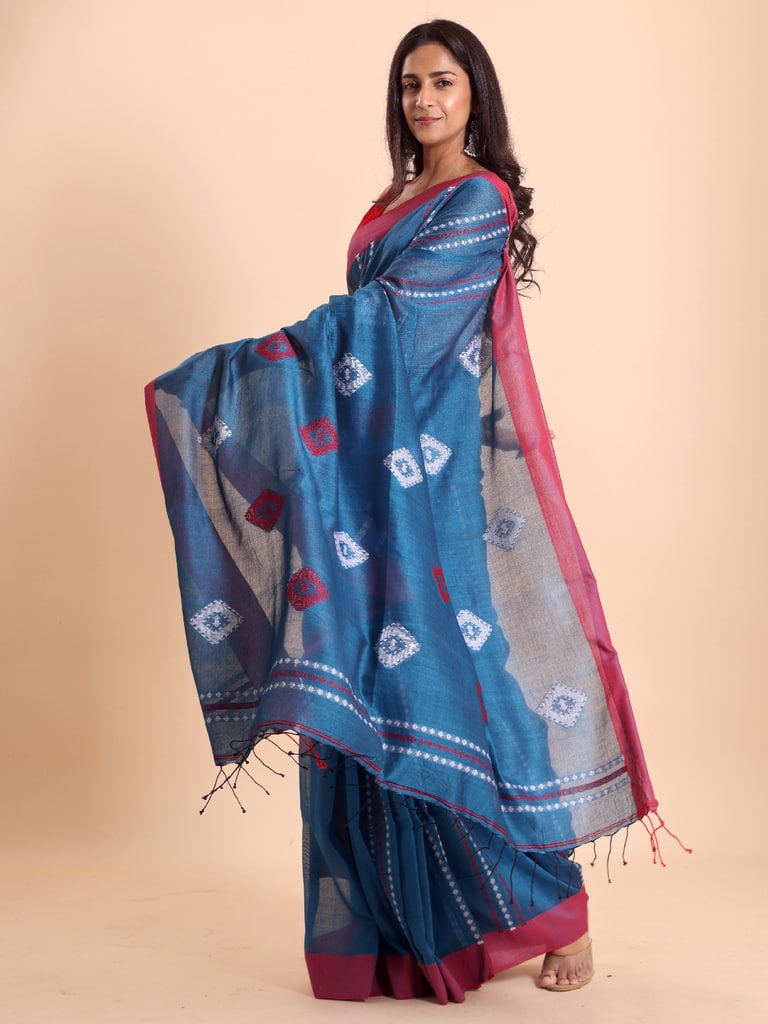 Handloom Chain Daimond Jamdani Saree - Diva Blue