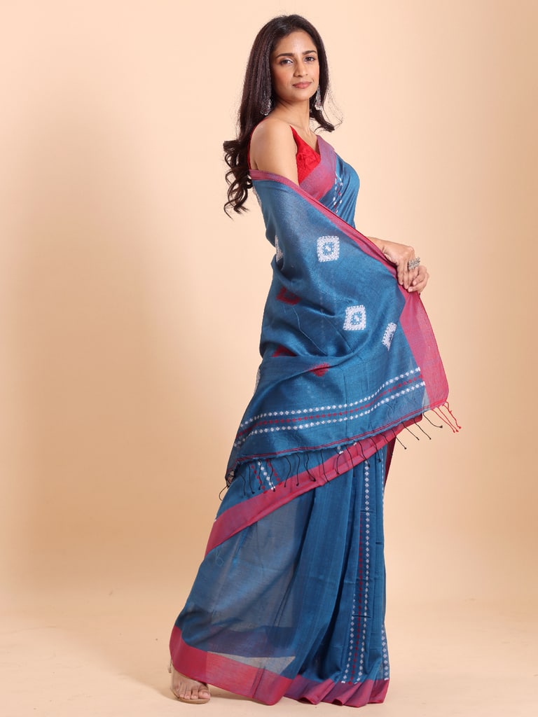 Handloom Chain Daimond Jamdani Saree - Diva Blue