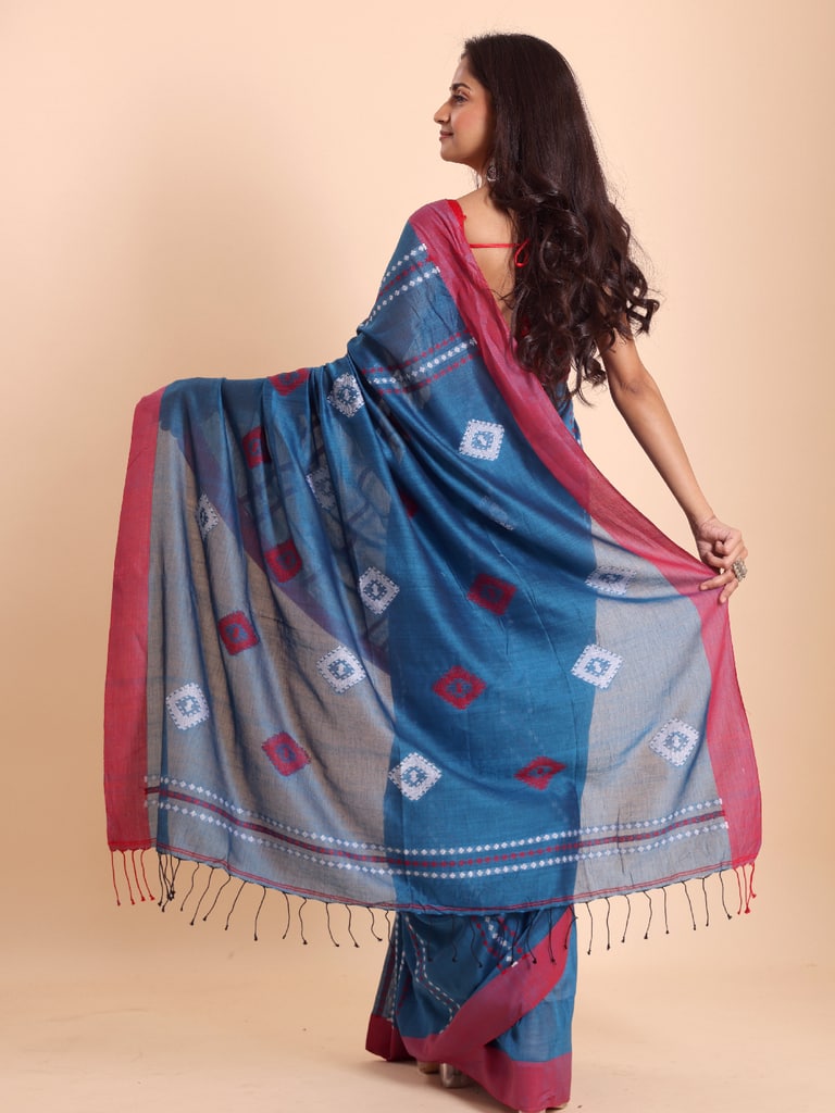 Handloom Chain Daimond Jamdani Saree - Diva Blue