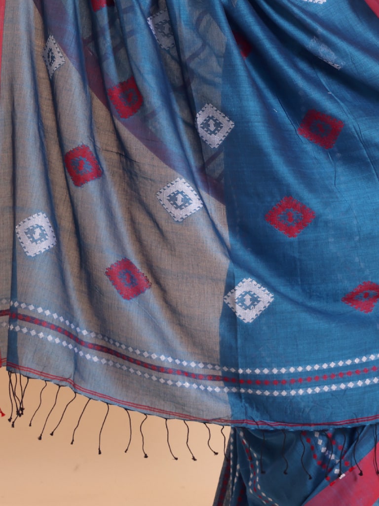 Handloom Chain Daimond Jamdani Saree - Diva Blue
