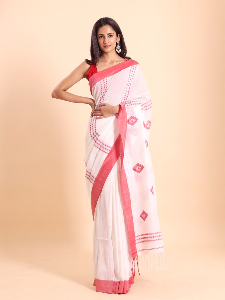 Handloom Chain Daimond Jamdani Saree - Off White
