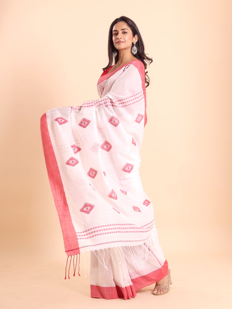 Handloom Chain Daimond Jamdani Saree - Off White