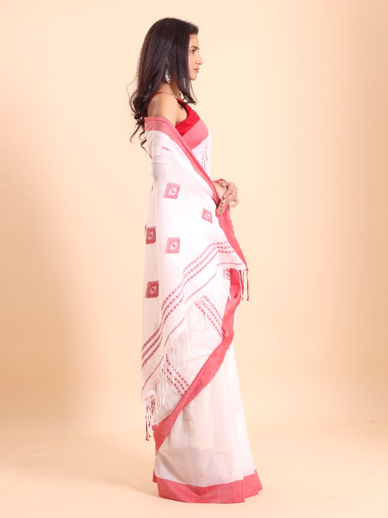 Handloom Chain Daimond Jamdani Saree - Off White