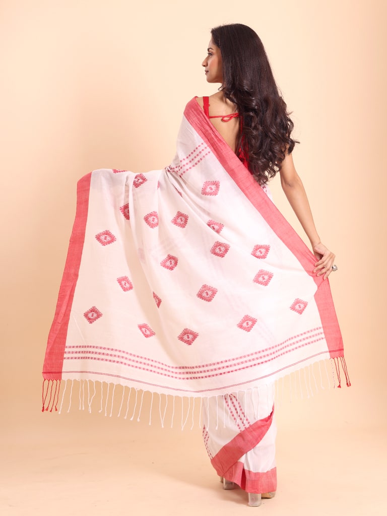 Handloom Chain Daimond Jamdani Saree - Off White