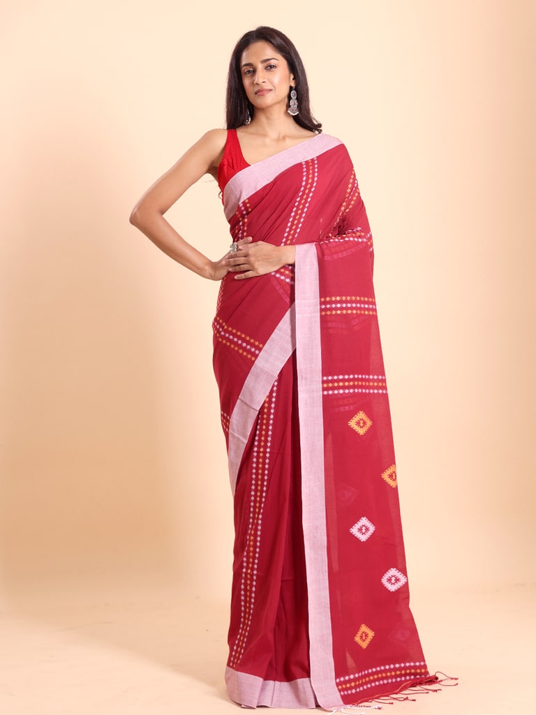 Handloom Chain Daimond Jamdani Saree - Red